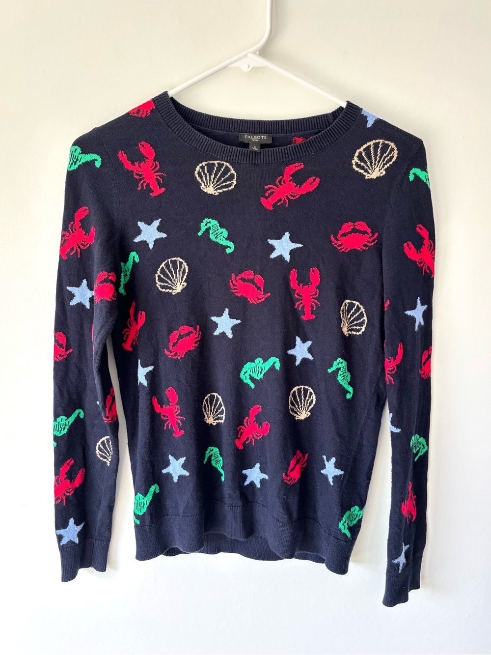 Talbots Sweater By The Sea Novelty Print Lobsters Crab Seashells Seahorses